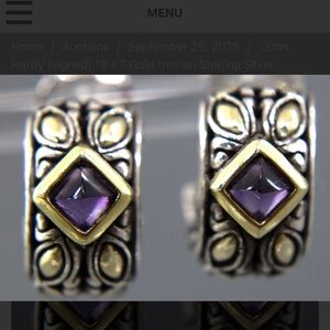 John Hardy (signed) 18 KT trim on Sterling Silver Earrings, set with Amethyst